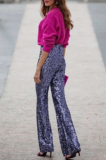 Elastic Waist Bell Bottoms Stretchy Sequin Pants