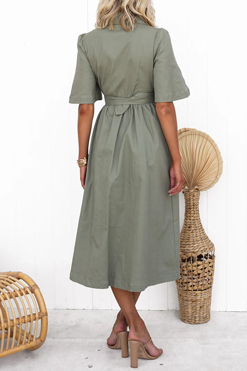 Short Sleeves Button Up Belted Midi Shirt Dress