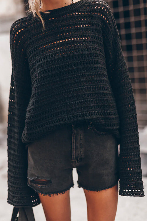 Crewneck Long Sleeves Hollow Out Boho Knitting Pullovers Black