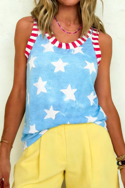 Tie Dye Star Print Striped Trim Round Neck Casual Tank Top