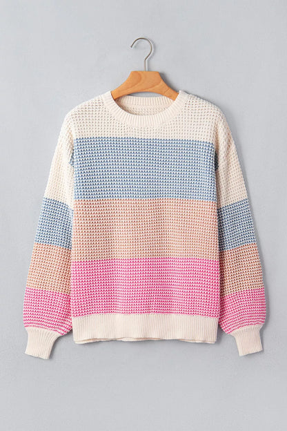 Color Block Waffle Knit Drop Shoulder Round Neck Long Sleeve Sweater