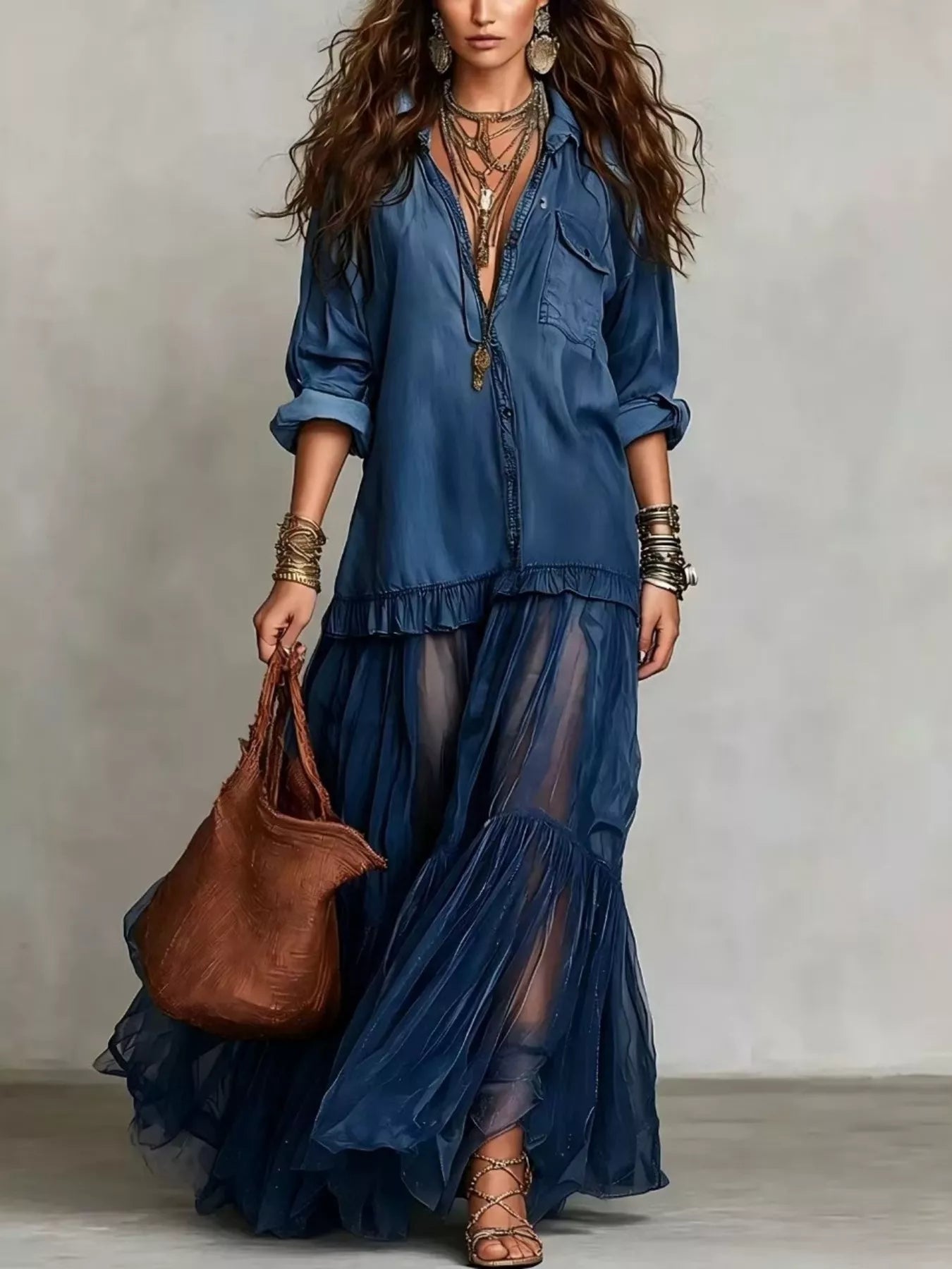 Full Size Tiered Long Sleeve Denim Shirt Maxi Dress Plus Size
