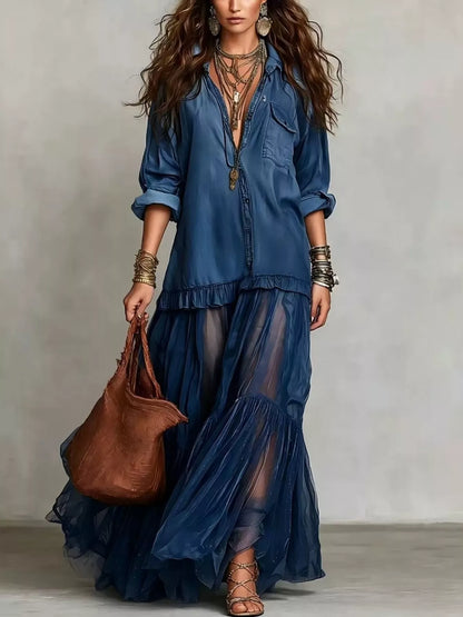 Full Size Tiered Long Sleeve Denim Shirt Maxi Dress Plus Size