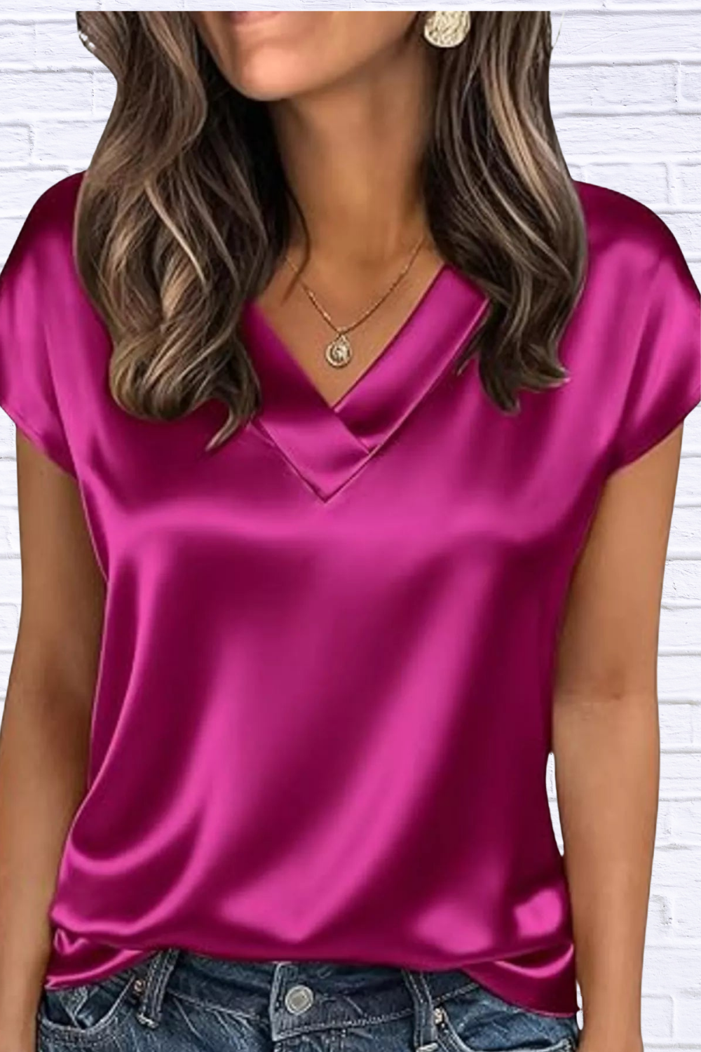 Satin V-Neck Short Sleeve Blouse