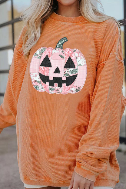 Patchwork Pumpkin Graphic Corded Ribbed Round Neck Tunic Sweatshirt