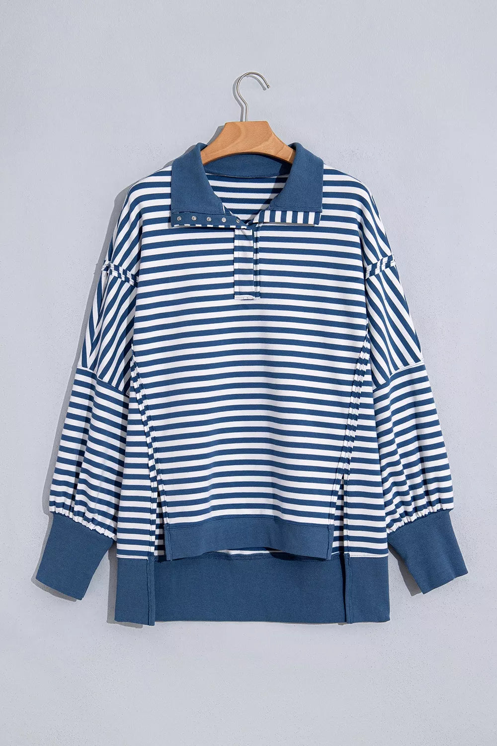 Stripe Color Block Trim Raw Seam Split Hem Loose Sweatshirt