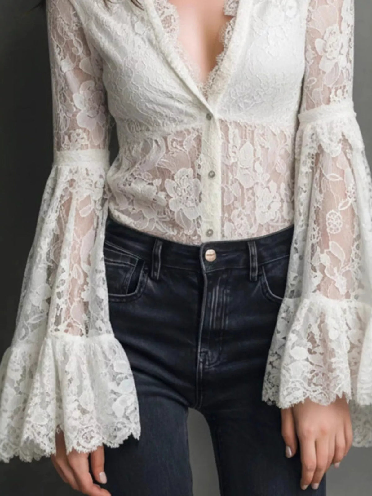 Full Size Lace Flare Sleeve Blouse Plus Size
