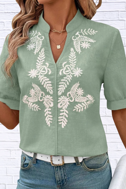 Embroidered Notched Neck Blouse for Women | Black Short Sleeve Floral