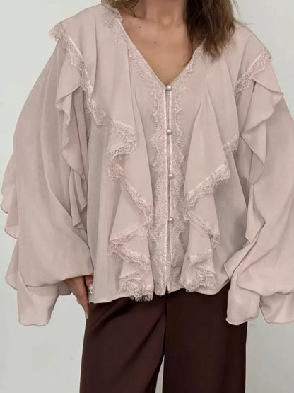 V-Neck Ruffled Lace Trim Blouse