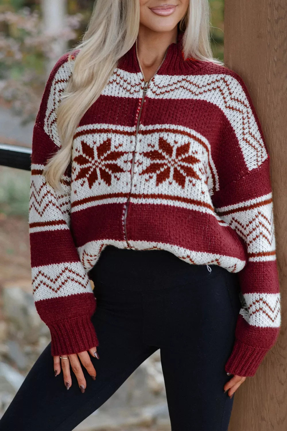 Geometric Pattern Zip-Up Knit Long Sleeve Regular Fit Cardigan