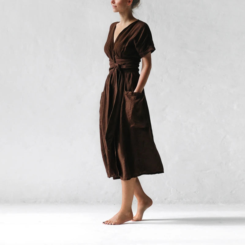 Women's Fashion V Neck Belt High Waist Short Sleeves Cotton- Linen Dress