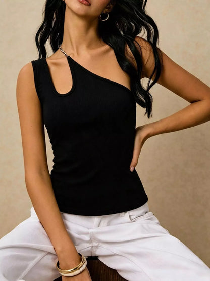 Cutout Asymmetrical Chain Strap Ribbed Tank