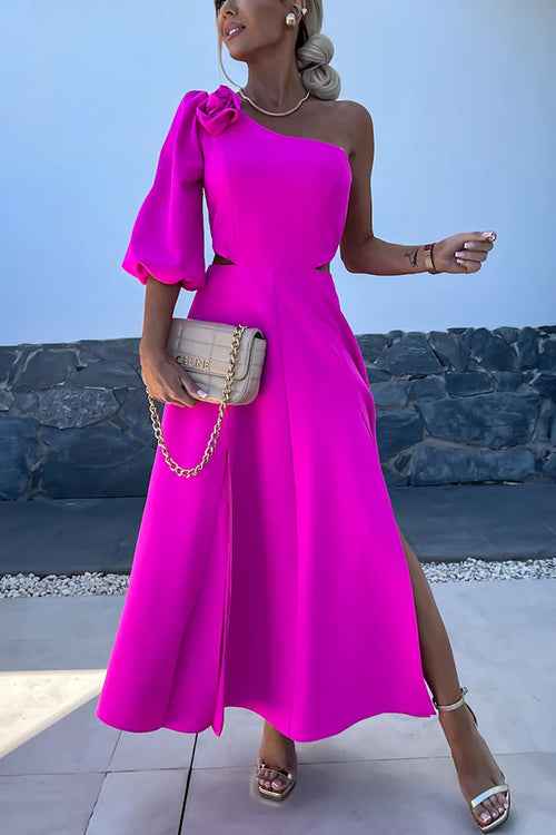 Rosiedress 3D Rose One Shoulder Cut Out Waist Slit Midi Satin Dress