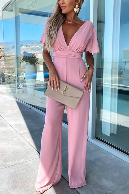 Rosiedress Deep V Neck Ruffle Sleeve High Waist Wide Leg Jumpsuit Pink