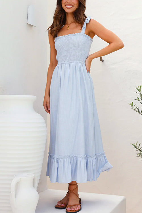Wide Straps Bow Shoulder Smocked Ruffle Maxi Dress LightBlue