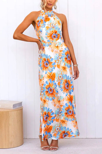 Tie Knot Halter Backless Floral Printed Maxi Holiday Dress