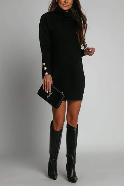 Turtleneck Buttons Solid Casual Sweater Dress Black