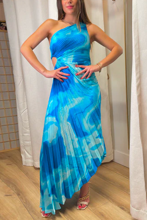 Rosiedress Printed One Shoulder Cut Out Pleated Maxi Dress Blue