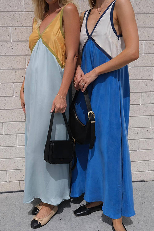 Rosiedress V Neck Color Block Sleeveless Maxi Swing Dress