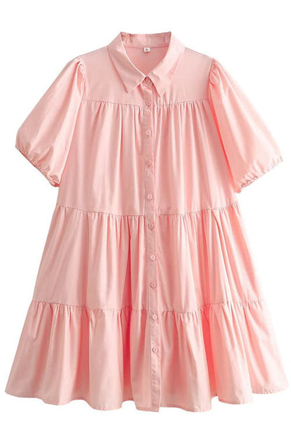 Rosiedress Puff Sleeves Button Down Ruffle Tiered Mini Shirt Dress Pink