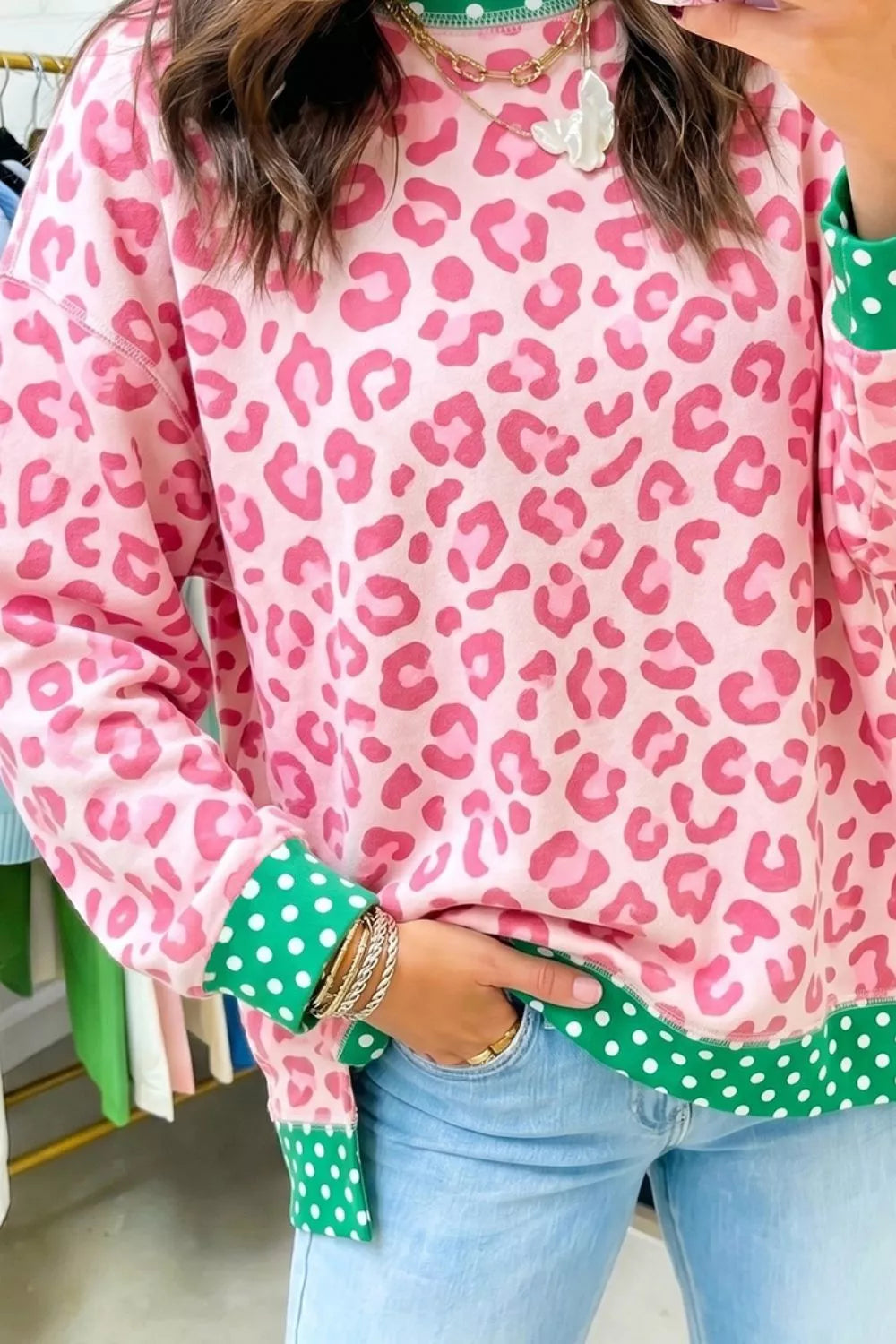 Leopard Polka Dot Trim Round Neck Sweatshirt