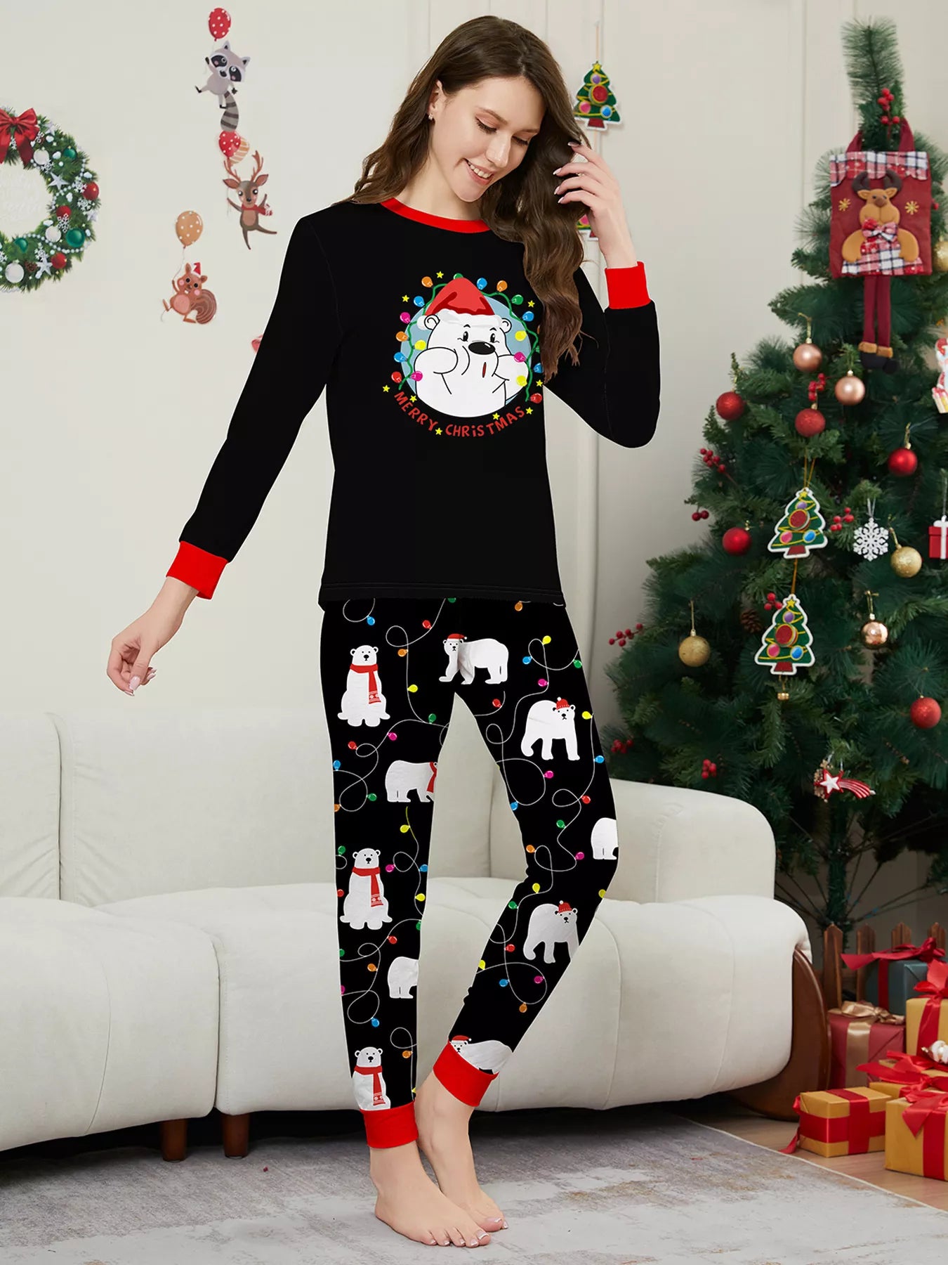 Full Size Family Matching Christmas Pajamas Set with Polar Bear Print Plus Size