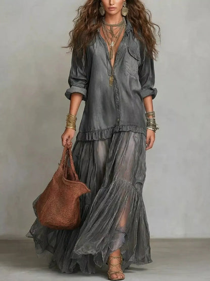 Full Size Tiered Long Sleeve Denim Shirt Maxi Dress Plus Size