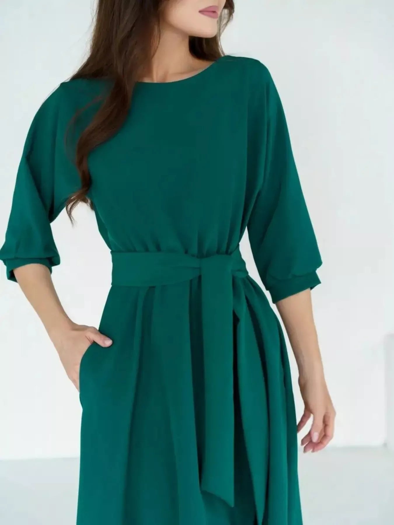 Elegant Belted Waist Midi Dress