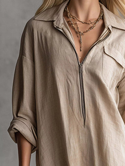 Fringe Hem Zip-Up Shirt Dress