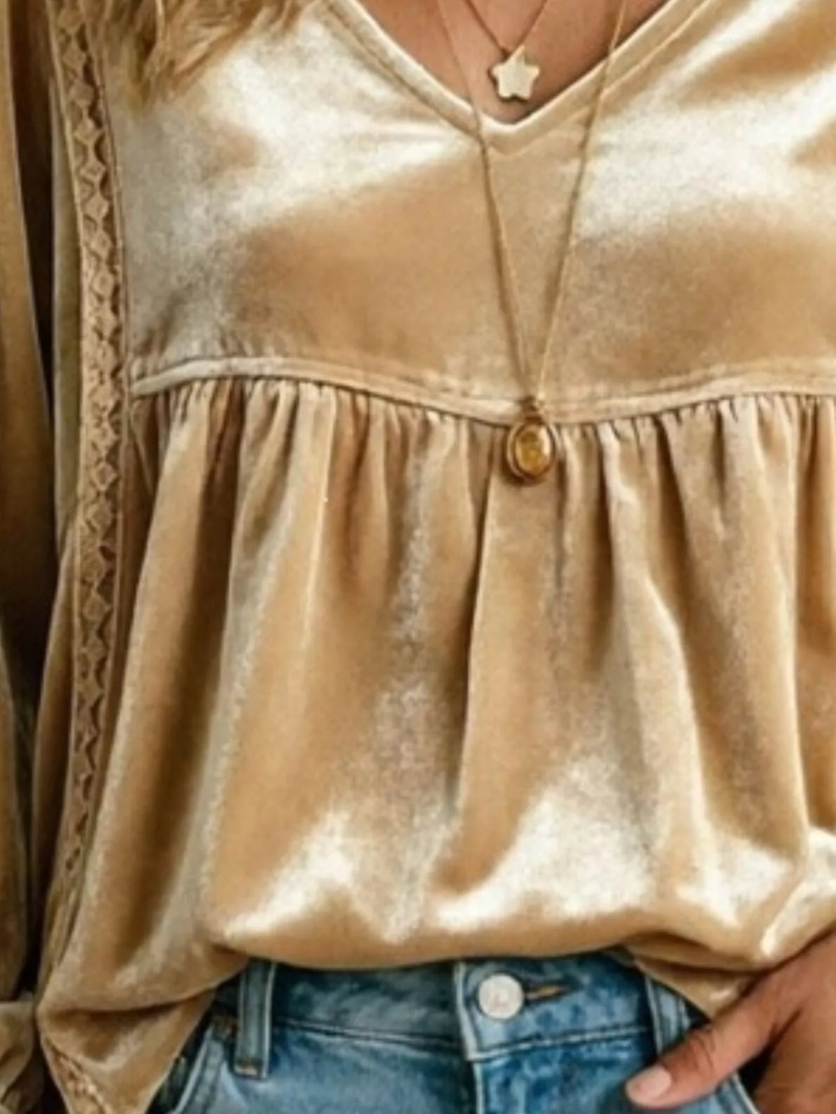 Full Size V-Neck Long Sleeve Velvet Blouse with Lace Trim Plus Size