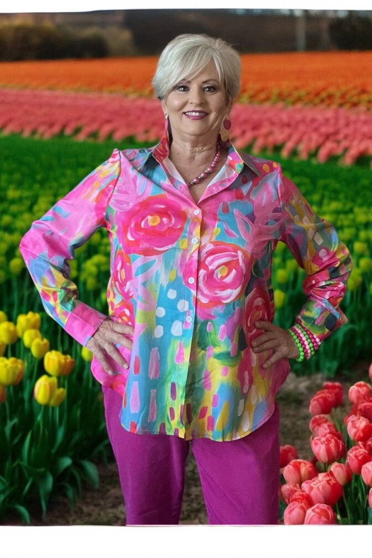 Women’s Vibrant Multicolor Floral Print Casual Shirt – Bright, Chic, and Striking