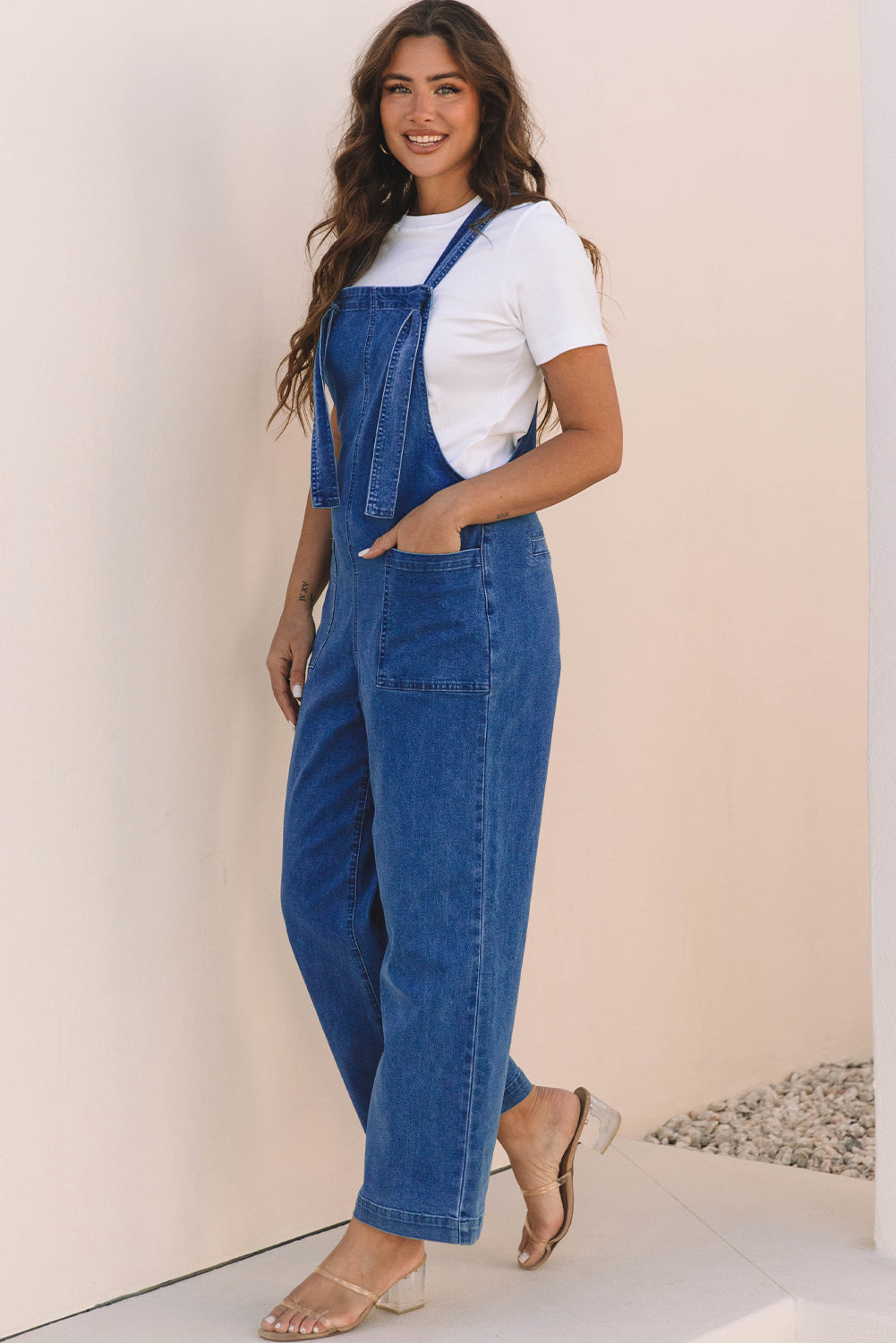 Prussian Blue Mineral Wash Knotted Strap Patched Pocket Wide Leg Denim Overall