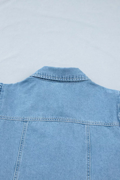 Button Down Short Puff Sleeve Ruffle Hem Denim Dress