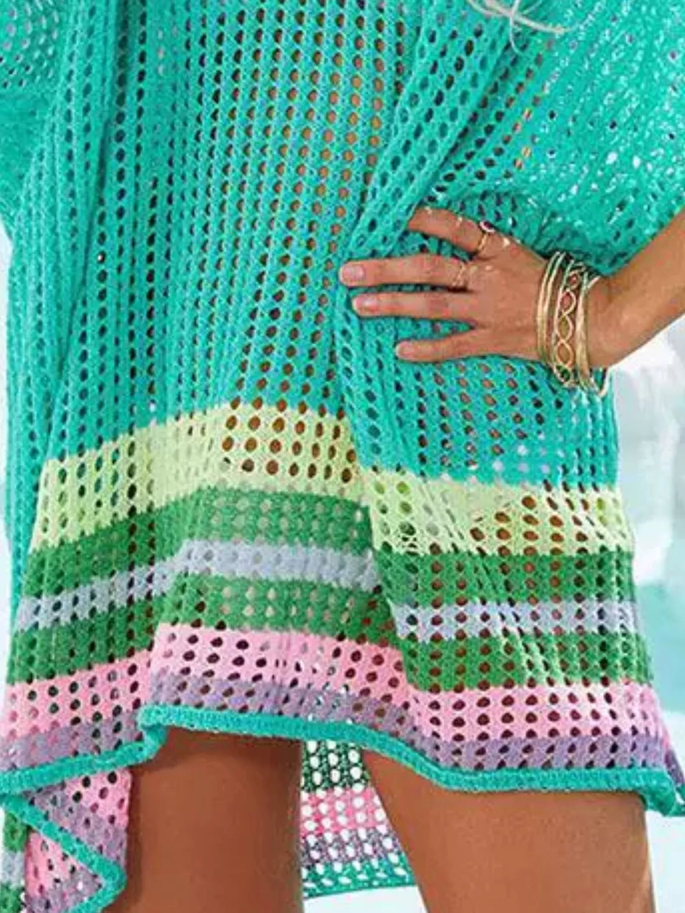 Crochet Rainbow Trim Cover-Up Dress
