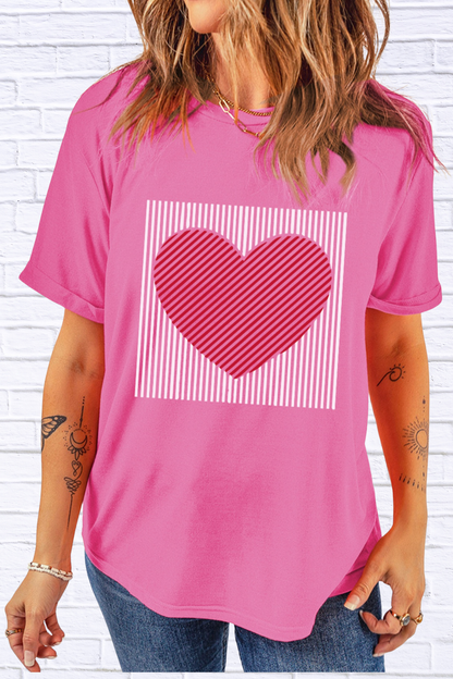 Contrast Striped Heart Printed Valentines Day T Shirt