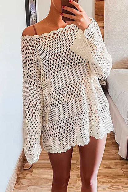 Rosiedress Long Sleeves Hollow Out Crochet Beach Cover Up Dress