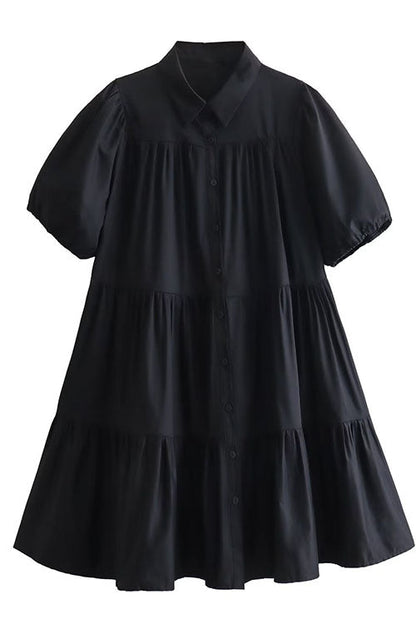 Rosiedress Puff Sleeves Button Down Ruffle Tiered Mini Shirt Dress Black