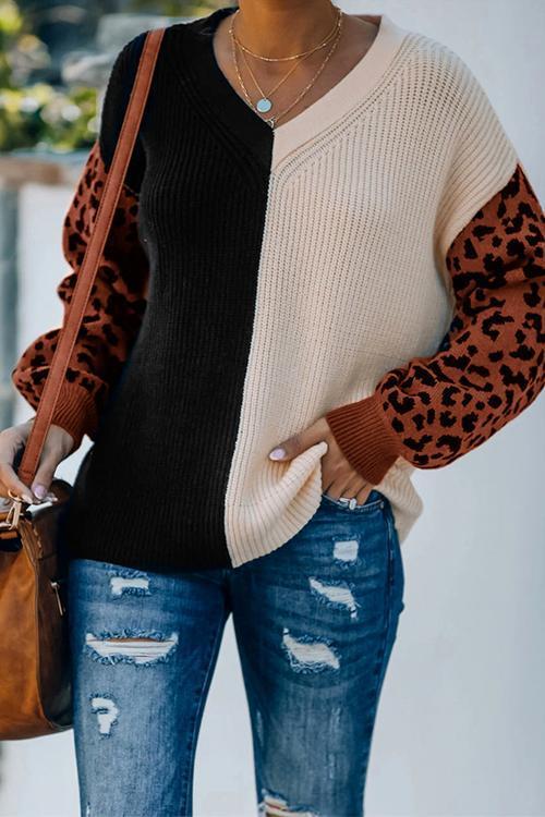 Rosiedress V Neck Leopard Splice Color Block Cozy Sweater Apricot