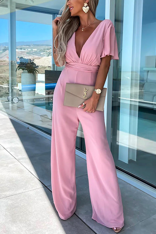 Rosiedress Deep V Neck Ruffle Sleeve High Waist Wide Leg Jumpsuit