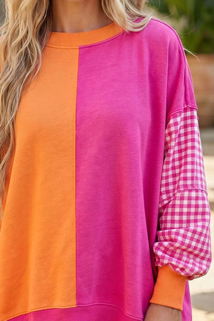 Colorblock Gingham Sleeve Sweatshirt for Women