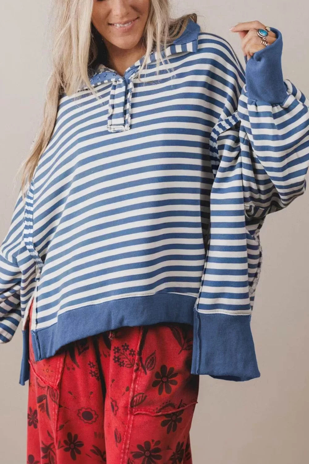 Stripe Color Block Trim Raw Seam Split Hem Loose Sweatshirt