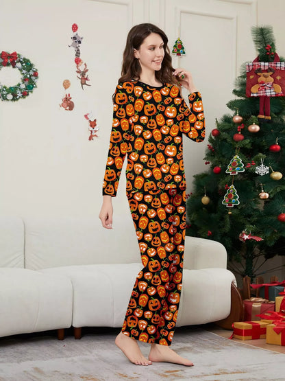 Full Size Family Matching Halloween Pumpkin Print Pajama Set Plus Size