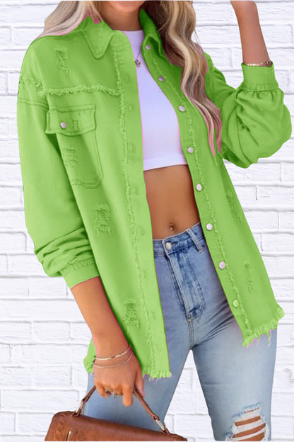 Distressed Denim Jacket with Frayed Edges
