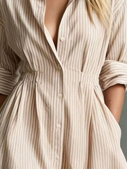 Striped Button-Down Shirt Dress with Contrast Hem