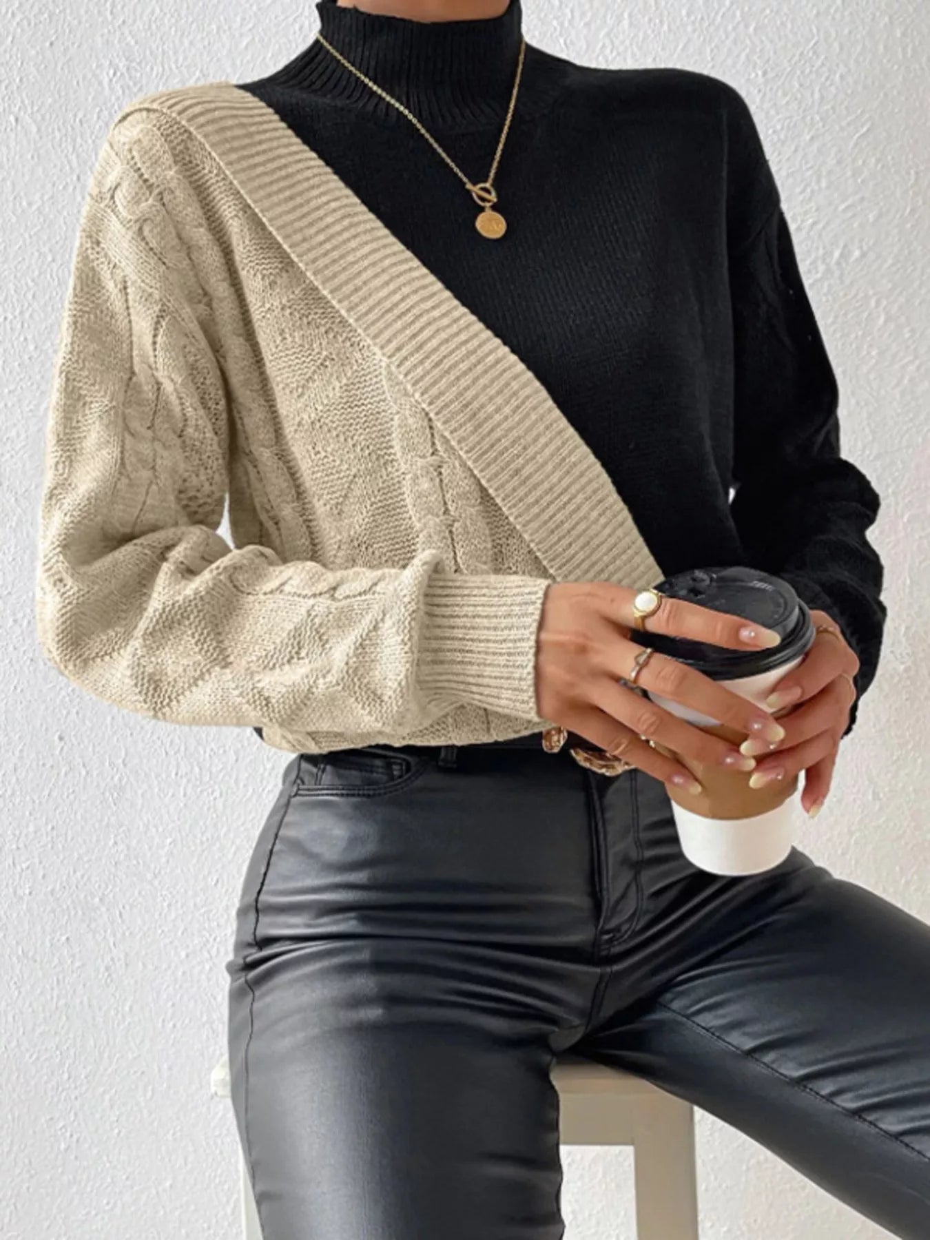 Color Block Cable Knit Mock Neck Sweater