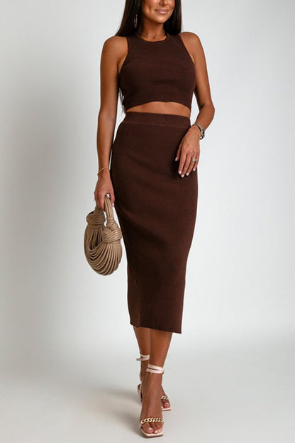 Rosiedress Sleeveless Crop Top Slit Skirt Ribbed Two Pieces Brown