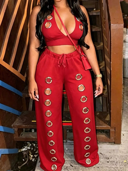 Eyelet Crop Top and Wide-Leg Pants Set