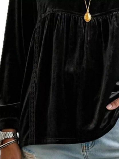 Full Size V-Neck Long Sleeve Velvet Blouse with Lace Trim Plus Size