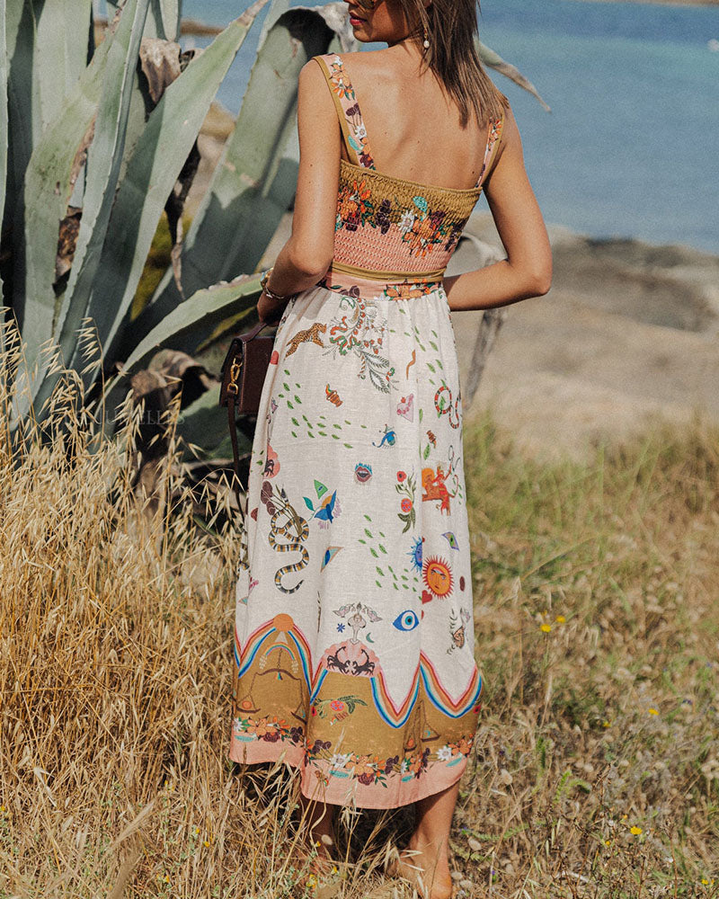 Summer strappy printed gathered dress