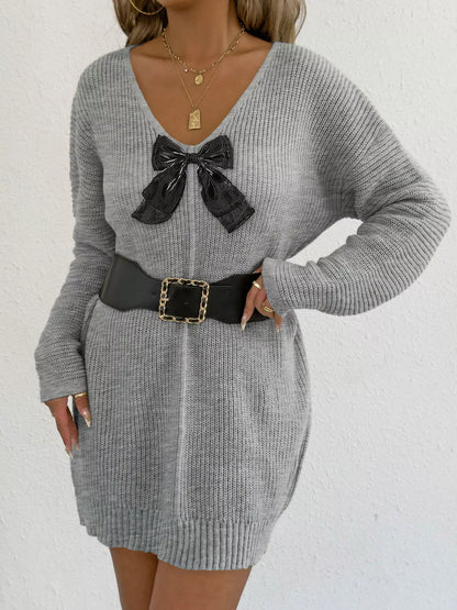 Bow Ribbed Knit Sweater Dress